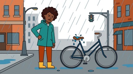 scowling at a soaked bicycle seat, parked on a city street in the rain, cycling in rain, diverse adult character single scene with character(s), natur