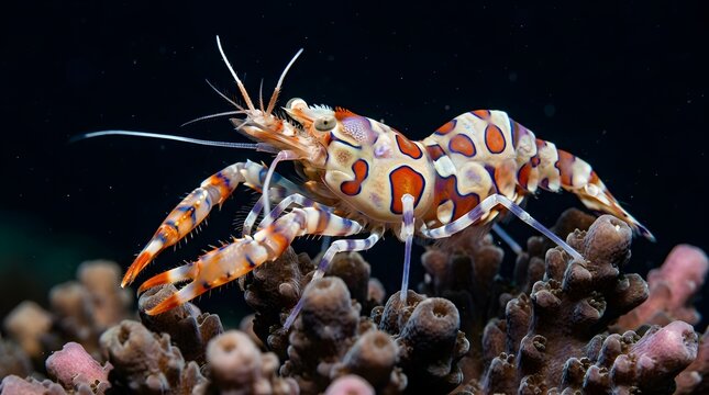Colorful harlequin shrimp perched on coral in a dark ocean environment