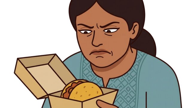 scowling at a lukewarm taco in a cardboard container, steam missing, disappointment, cold food delivery, South Asian adult character single scene