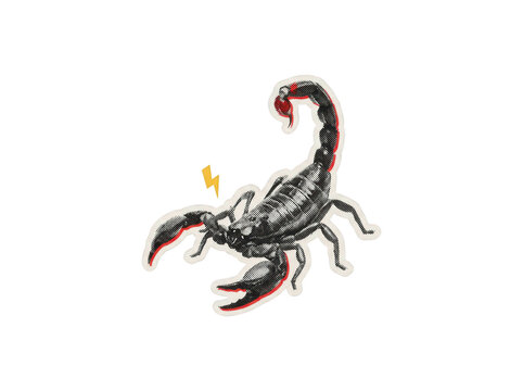 Scorpion sticker illustration with halftone print texture and red accents on a transparent background