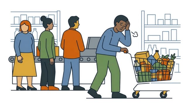 sighing while staring at the long queue ahead with a full cart, supermarket checkout queue, diverse adult character single scene with character(s), na