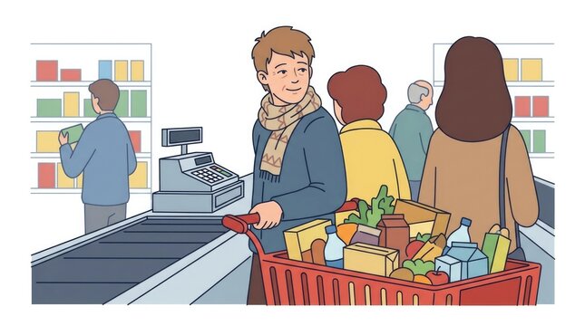 smiling patiently at the person behind in a supermarket line, overflowing full cart, supermarket checkout queue, Slavic young adult character single s