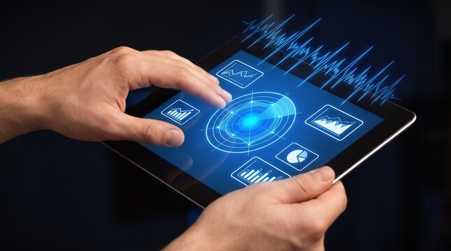Hands holding a digital tablet displaying interactive financial data charts and analytical graphs in a dark room with showing various financial manipulate digital screen with future
