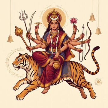 Hindu goddess durga riding a tiger with multiple weapons and traditional attire for devotional poster and festival background design