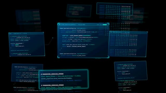 Digital interface showing scrolling program code and data processing windows