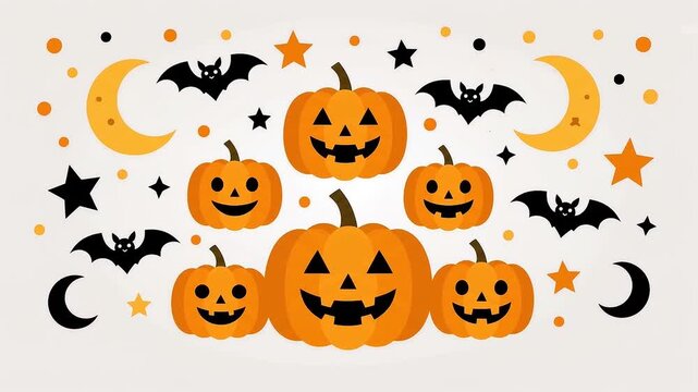 Animated cute Halloween jack o lanterns group with flying bats and stars flat animation