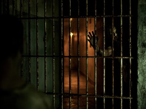 Terrifying prisoner with decaying face reaching through rusted jail bars at night