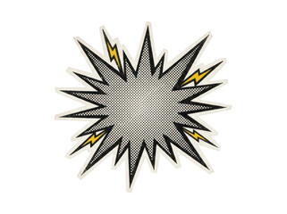 Retro comic explosion starburst with halftone dot texture and yellow lightning bolts on transparent background © creatfive