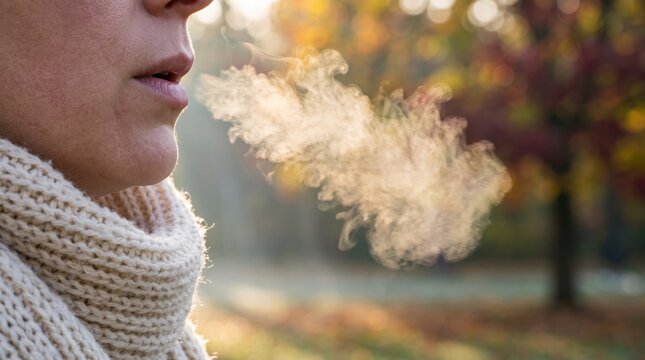 Close-up of a person exhaling visible breath outdoors on a cold autumn day, illustrating low temperature, chilly weather, seasonal cooling, and respiratory air