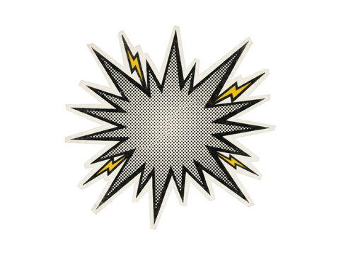 Retro comic explosion starburst with halftone dot texture and yellow lightning bolts on transparent background