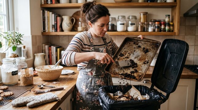 Woman scraping burnt food off a baking sheet into a bowl in a home kitchen.