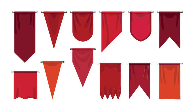 Red medieval pennant flags set hanging blank satin fabric banners for royal shield decoration vector illustration