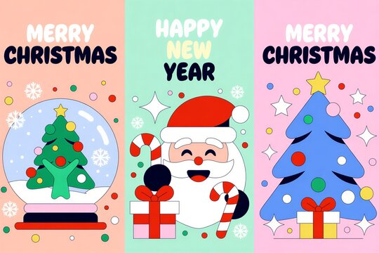 Three festive holiday panels with santa, snow globe tree, and blue christmas tree, pastel backgrounds, candy canes, gifts, and seasonal text