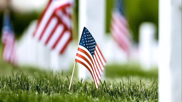 Close perspective along rows of American flags and uniform white military headstones arranged across a lush cemetery lawn, one flag sharply focused while hundreds of memorial marker