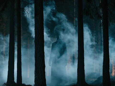 Mysterious figure shrouded in mist within a dark, eerie forest at night