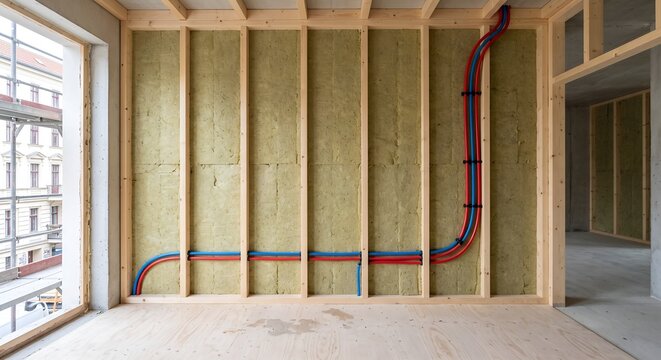 Red and blue PEX pipe runs clipped to timber studwork and mineral wool insulation in an unfinished apartment