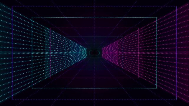 Abstract digital tunnel with glowing pink and blue dotted grid perspective lines