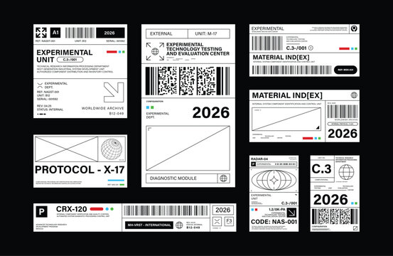 set of brutalism label industrial style templates  Futuristic assets in cyberpunk style for streetwear, product design, and digital UI. Retro Y2K and cyber aesthetics graphic elements