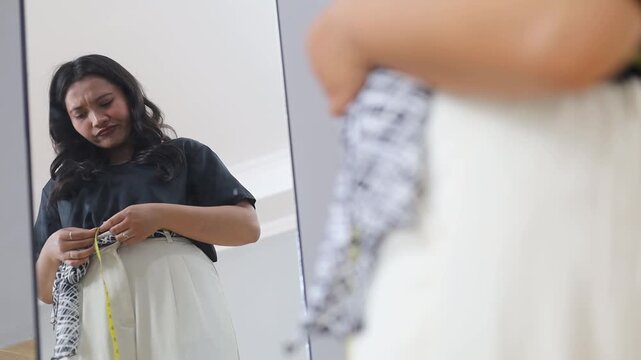 Unhappy Young attractive Asian woman measuring waist near mirror, upset with visible weight gain