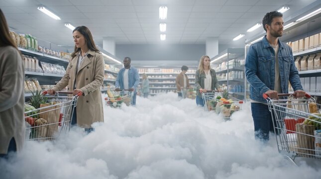 Modern grocery store unexpectedly filled with soft white foam while shoppers move through the aisles, creating an absurd and dreamlike retail scene with playful surrealism.