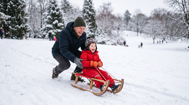 Grandfather and child sledding in snowy park