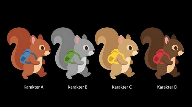 Cartoon squirrels wearing backpacks in multiple colors.