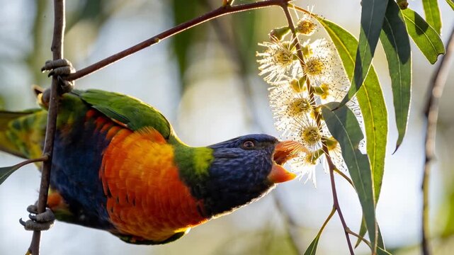 Australian rainbow lorikeet bird eating nectar from eucalyptus tree flowers in a forest