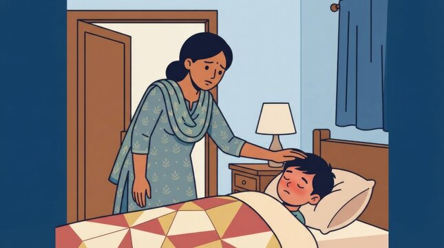 checking on sleeping sick child in doorway, South Asian parent and child characters single scene with character(s), natural pose and expression, envir