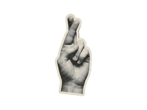 Retro halftone dot print illustration of a hand with crossed fingers isolated on a transparent background