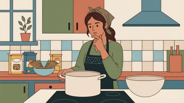 doing mental math on how much pasta for twelve people, Middle Eastern adult character single scene with character(s), natural pose and expression, env