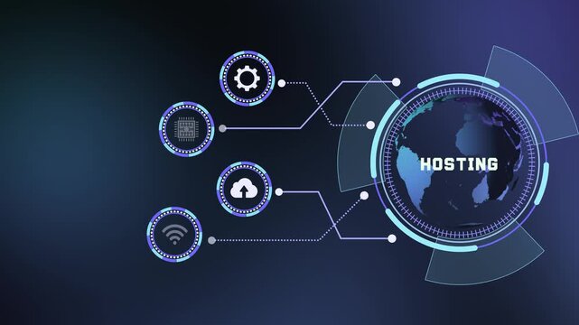 Global cloud hosting service interface displaying secure server database and data connection concept