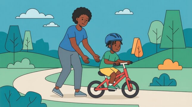letting go of bike seat while child does not notice, Black parent and child characters single scene with character(s), natural pose and expression, en