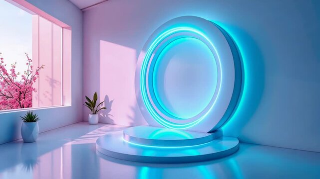 Modern empty stage with a glowing circular neon arch inside a sunlit room for product presentation