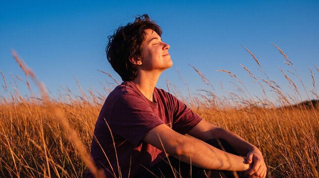 Young woman with eyes closed enjoying sunset breeze in golden grass field for peaceful mindfulness