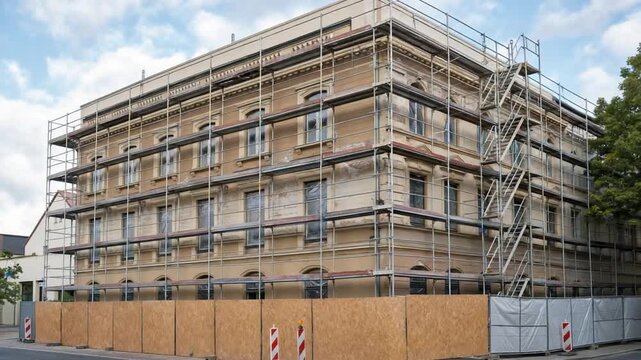 Building renovation. With scaffolding.