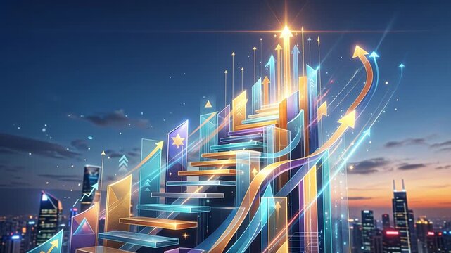 Financial growth chart with rising arrows and stairs over a modern city at dusk