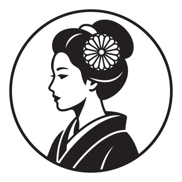 Japanese Geisha Profile Vector Illustration Traditional Woman Wearing Kimono Chrysanthemum Flower Hair Ornament Black White Round Emblem Logo Design.