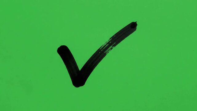 Hand Drawn Black Check Mark Appearing with Smooth Motion on Green Screen Background, Approval Animation