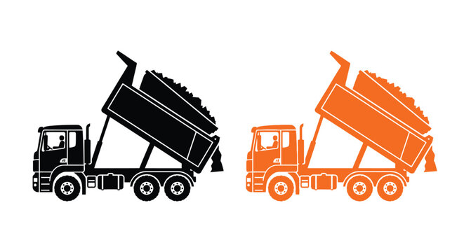 Dump truck silhouettes in black and orange on a white background