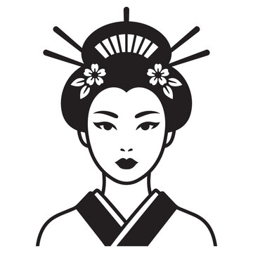 Traditional Japanese Geisha Woman Front View Portrait Vector Illustration Minimalist Silhouette Art with Kanzashi Hairpins and Flowers for Creative Projects.