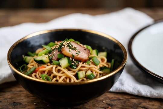 Noodles with sliced pork, cucumber, green onions and sesame seeds in black bowl with gold rim on rustic wood