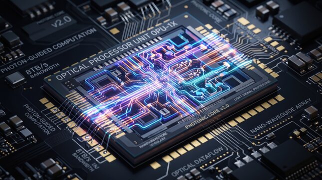 Advanced microprocessor chip with glowing optical circuit pathways on a dark circuit board computer processor tech hardware advanced computing semiconductor technology electronic engineering