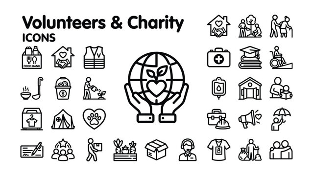 Volunteers and Charity Icons: A comprehensive collection of vector line icons representing volunteers, charity work, and social aid initiatives, promoting community support and global well-being.