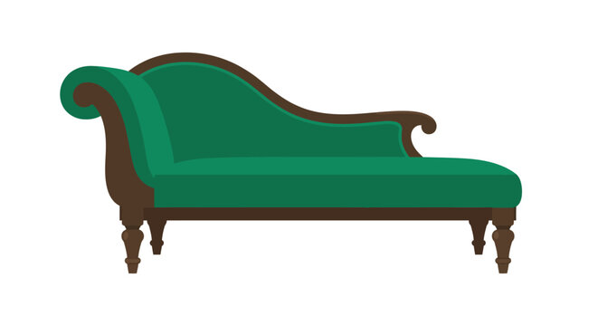 Emerald green chaise lounge with carved wooden legs flat vector illustration
