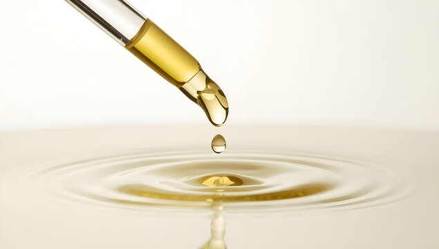 Golden Oil Dropper Pouring Over Calm Liquid Surface