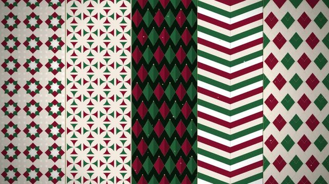 Set of seamless Christmas geometric patterns with red green and cream ornamental festive designs