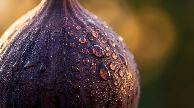 Macro detail of a ripe fresh purple fig with water droplets fruit texture macro photography food photography organic fruit dew drops skin texture raw food healthy food freshness delicious