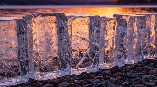Ice blocks standing on a rocky beach capture the glowing colors of a warm sunset, creating a visual metaphor for environmental fragility and the refreshing beauty of natural elements