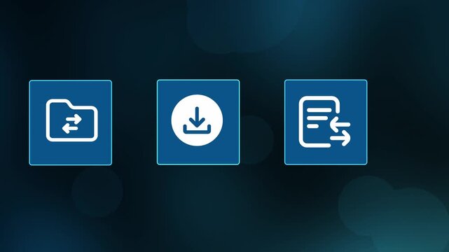 Digital document management concept with file sharing, download, storage, and workflow icons for modern business presentations and media.