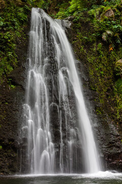 Waterfall in lush green forest. Cascata do Salto do Prego flows over rocks, Sao Miguel, Azores. Mossy surroundings highlight the vibrant scenery of Portugal.